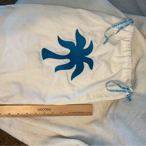 Pink Palm Puff White Dust Cover drawstring bag with Teal Palm Graphic